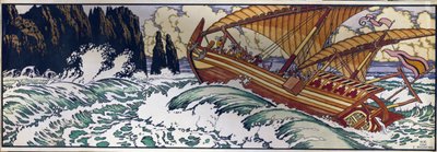 Sinbad el marinero. Ilustración para el cuento tradicional árabe de Las mil y una noches. Obra de Ivan Yakovlevich Bilibin (Bilibin) (1876-1942), acuarela sobre papel de Ivan Yakovlevich Bilibin