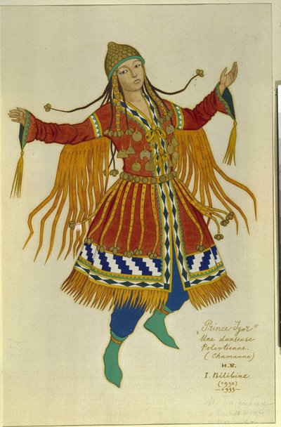 Un bailarín chamán polovtsiano (o couman, kuman). Vestuario para la ópera ""Príncipe Igor"" de Alexandre Borodin (Borodin) (1833-1887). Obra de Ivan Yakovlevich Bilibin (Bilibin) (1876-1942), acuarela sobre papel de Ivan Yakovlevich Bilibin