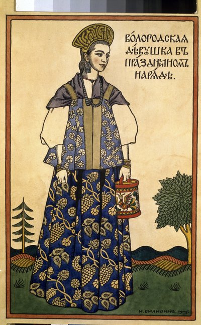 Una joven de Vologda con un vestido festivo. (Una doncella de Voloda en traje festivo). Con un Kokochnik, un tocado alto, y un sarafane, un vestido recto sin mangas, de la región al norte de Moscú. Obra de Ivan Yakovlevich Bilibin (Bilibin) (1876-1942), po de Ivan Yakovlevich Bilibin