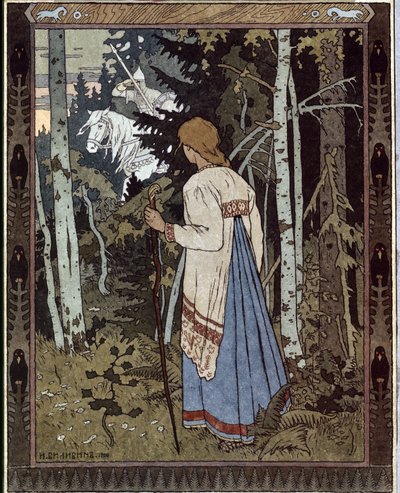 Vassilissa la Más Bella y el Jinete Blanco. (Vasilisa la Bella y el Jinete Blanco). (cuento tradicional ruso). Obra de Ivan Yakovlevich Bilibin (Bilibin) (1876-1942), litografía de Ivan Yakovlevich Bilibin