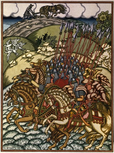 Volga Sviatoslavich (Vseslav de Polotsk (vers 1039-1101), gran príncipe de Kiev de 1068 a 1069) et Mikula Selyaninovich (?). Oeuvre de Ivan Yakovlevich Bilibin (Bilibine) (1876-1942), litografía de Ivan Yakovlevich Bilibin