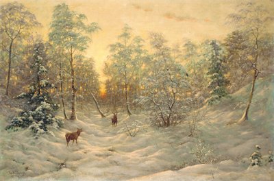 Ciervos en un paisaje nevado al anochecer de Ivan Fedorovich Choultse