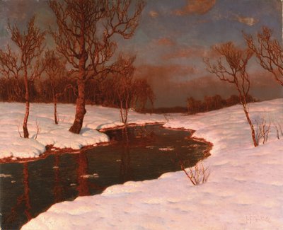 Atardecer en un paisaje de río nevado de Ivan Fedorovich Choultse