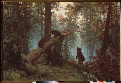 Mañana en un pinar (Tres oseznos suben a un árbol caído, bajo la mirada de su madre) - Mañana en un pinar - Pintura de Ivan Ivanovich Shishkin (Shishkin) (1832-1898), óleo sobre lienzo de Ivan Ivanovich Shishkin