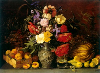 Naturaleza muerta con flores y frutas 1839 por Ivan Khrutsky (18101885) nombre de nacimiento: Jan Chrucki. Pintor polaco-ruso de Ivan Khrutsky