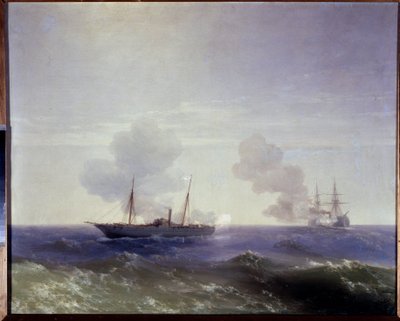 Guerra Ruso-Turca (Ruso-Turca) de 1877-1878: La batalla naval entre el crucero ruso Vesta y el acorazado turco Fethi Blend en el Mar Negro, 11 de julio de 1877 (La batalla naval entre el crucero ruso Vesta y el acorazado Fethi Bulend hizo de Ivan Konstantinovich Aivazovsky