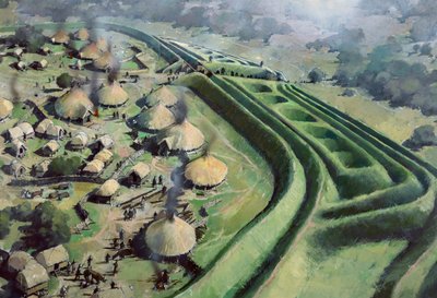 Vista aérea de la entrada al fuerte de la colina de Old Oswestry durante la Edad de Hierro, c. 1970-2010 de Ivan Lapper