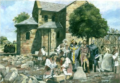 Consagración de la iglesia abacial por el arzobispo de Canterbury en presencia de Guillermo Rufus, Abadía de Battle (acuarela sobre papel) de Ivan Lapper