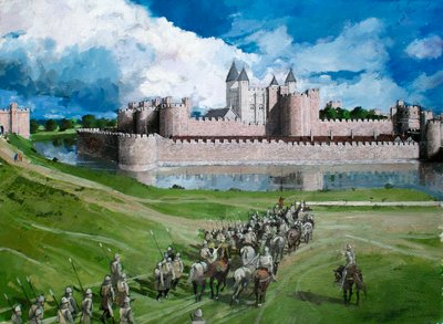Vista reconstruida de la Torre de Londres, que muestra el muro cortina exterior completado por el rey Eduardo I en 1300. de Ivan Lapper