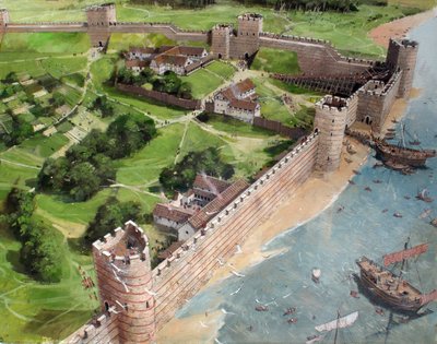 Vista reconstruida de la esquina sureste del Londres romano y del futuro emplazamiento de la Torre de Londres, tal y como podría haber sido hacia el año 400 d.C. de Ivan Lapper