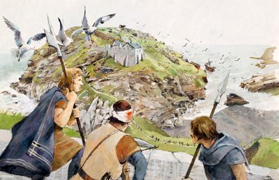 El castillo de Tintagel en 1230 d.C. (acuarela sobre papel) de Ivan Lapper