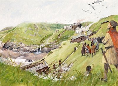 El castillo de Tintagel en la época medieval (acuarela sobre papel) de Ivan Lapper