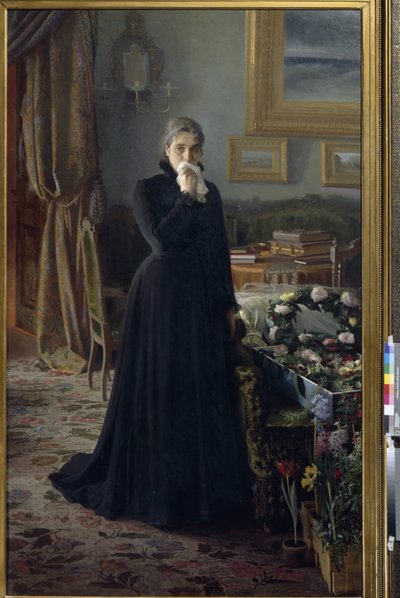 Dolor inconsolable (una mujer, de luto, parada cerca del ataúd cubierto con coronas de flores) (Duelo inconsolable) - Pintura de Ivan Nikolayevich Kramskoi (1837-1887), óleo sobre lienzo (228x141 cm) de Ivan Nikolaevich Kramskoy