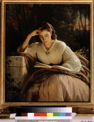 La lectura. Retrato de la esposa del artista absorta en la lectura de un libro. (Lectura. Retrato de la esposa del artista). Pintura de Ivan Nikolayevich Kramskoi (1837-1887), óleo sobre lienzo de Ivan Nikolaevich Kramskoy