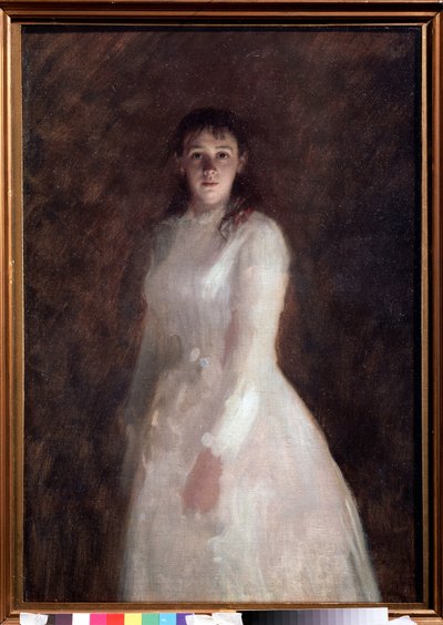 Retrato de una joven (Retrato de una joven). (vestida con un vestido largo blanco). Pintura de Ivan Nikolayevich Kramskoi (1837-1887), óleo sobre lienzo. arte ruso de Ivan Nikolaevich Kramskoy