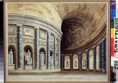 Boceto para el telón del Teatro Empror en Pavlovsk. Vista de un pasillo central de columnas y estatuas antiquísimas. Obra de Ivan Nikolayevich Ivanov (1796-1854), acuarela de Ivan Nikolayevich Ivanov