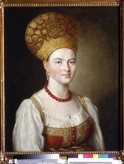Retrato de una mujer en traje ruso (Retrato femenino en vestido ruso). Pintura de Ivan Petrovich Argunov (Argunov) (1729-1802). Óleo sobre lienzo, 67 x 53,6 cm de Ivan Petrovich Argunov