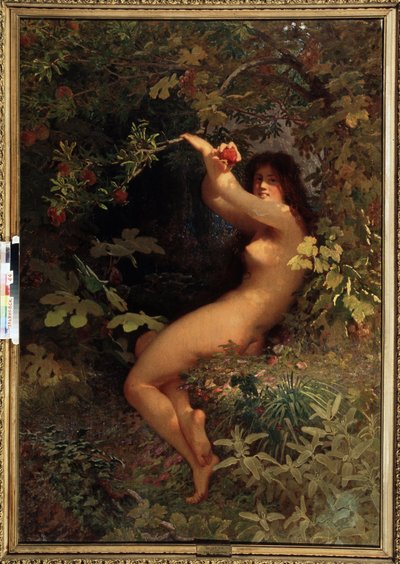 Eve con una granada (Eve with Pomegranate). Eva desnuda y seductora, en el Jardín del Edén, recogiendo el fruto del conocimiento. Pintura de Ivan Petrovich Keler Viliandi (1826-1899), óleo sobre lienzo de Ivan Petrovich Keler Viliandi