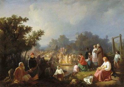 La bendición de las aguas en un pueblo rural, 1858 de Ivan Petrovich Trutnew