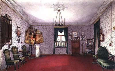Una sala de estar rusa con un rincón de iconos de Ivan Petrovich Volski