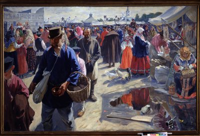 La Feria (Una Feria). Escena de mercado en una ciudad provincial rusa, en un ambiente tradicional, con campesinos y vendedores. Pintura de Ivan Semyonovich Kulikov (Koulikov) (1875-1941), óleo sobre lienzo de Ivan Semyonovich Kulikov