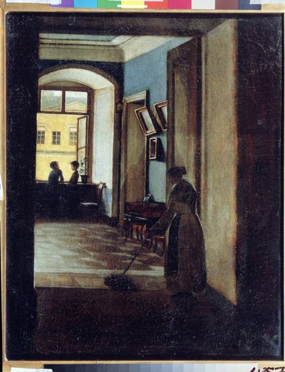 "Vista de un interior" Una criada friega el suelo a la sombra de un pasillo (¿de una escuela?). Pintura de Ivan Trofimovich Durnov (1801-1847) Museo Estatal de Arte de la República de Tatarstán, Kazán de Ivan Trofimovich Durnov