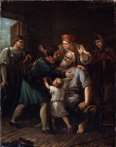 El guerrero del regreso a casa. Un soldado vuelve a casa y se lanza a los brazos de su antiguo padre. Toda la familia expresa su alegría y alivio al verle de nuevo con vida. Pintura de Ivan Vasilyevich Luchaninov (1781-1824), óleo sobre lienzo de Ivan Vasilyevich Luchaninov