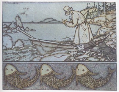 Ilustración de El cuento del pescador y el pez de Ivan Yakovlevich Bilibin