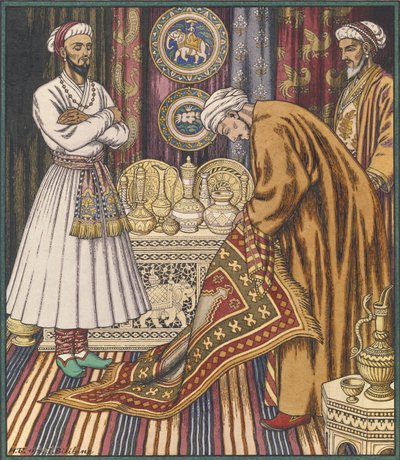 El príncipe Alí comprando una alfombra. Ilustración para Cuentos de hadas árabes de Ivan Yakovlevich Bilibin