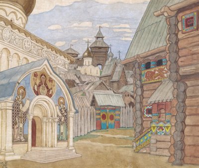 Aldea rusa. Diseño escénico para la ópera El cuento del zar Saltán de N. Rimsky-Korsakov de Ivan Yakovlevich Bilibin