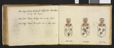 Ilustración de un archivo privado en la Biblioteca Nacional titulado Insignia quædam virorum illustrium in Norvegia quodam habitantium de Iver Nielssøn Hirtzholm de Iver Hirtzholm