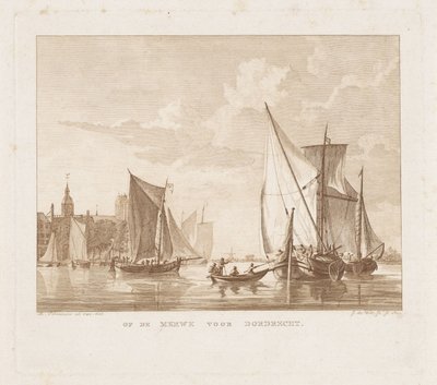 Veleros y balandra para Dordrecht En el Merwe frente a Dordrecht (título sobre el objeto) de Izaak Jansz. de Wit