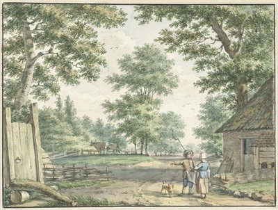 Paisaje con dos personas cerca de una granja de Izaak Schmidt