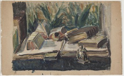 Composición con libros, pipa y figura de J.A. Jerichau
