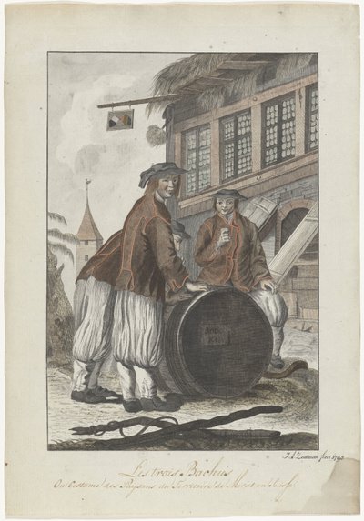 Tres hombres con ropa suiza frente a una casa de J.A. Zoutman