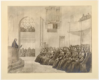 Iglesia de Diaconisas, Pastor Fliedner predicando a las diaconisas en la capilla de Kaiserswerth, 1840 de J.B. Sonderland