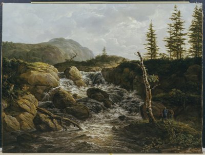 Paisaje montañoso con una cascada, Noruega de Johan Christian Dahl