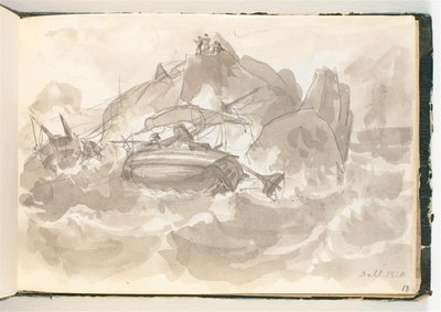 Naufragio en una costa rocosa. Algunos hombres están en una roca observando de Johan Christian Dahl