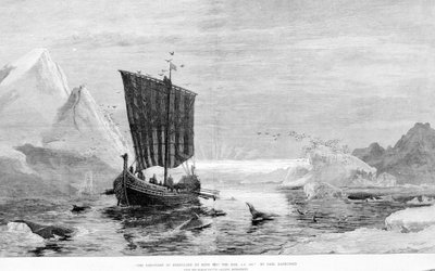 El descubrimiento de Groenlandia por Erik el Rojo en el siglo X por C. Rasmussen. La Galería de Pinturas Marinas, Bond Street de J.E. Carl Rasmussen
