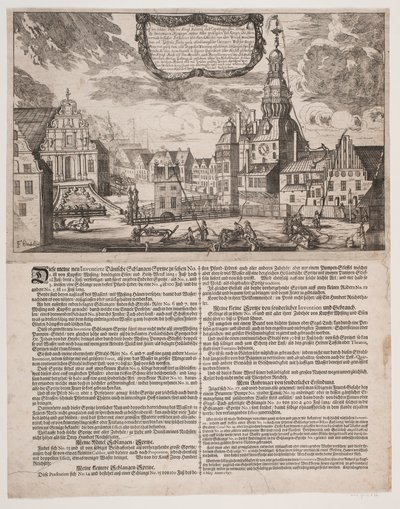La plaza del castillo en Copenhague durante el uso de las bombas inventadas por el director de bomberos Fuchs de J.E. Wedel