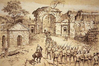 El general Outram entrando en las defensas de la Residencia, Lucknow, el 25 de septiembre de 1858, a la cabeza de la fuerza de relevo de Havelock (litho) de J.F. (after) Weedon