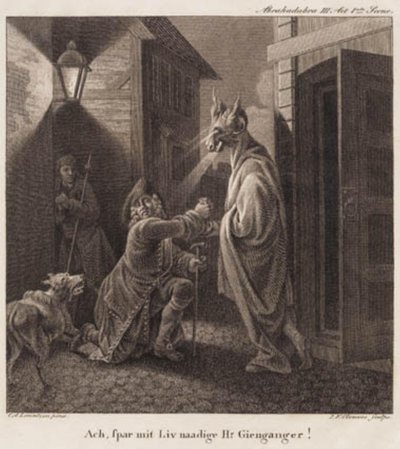 Abracadabra. ¡Ah, salva mi vida, Sr. Fantasma! Grabado después de la Galería Holberg de Lorentzen. de J.F. Clemens
