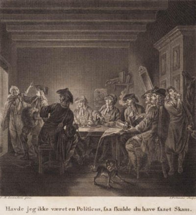 El político de la tetera. "Si no hubiera sido un político, te habría avergonzado." Grabado después de la galería de Holberg de Lorentzen. de J.F. Clemens