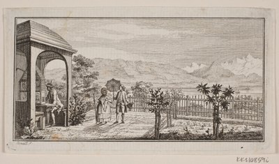 Una terraza de jardín en Genthod con una pareja paseando de J.F. Clemens