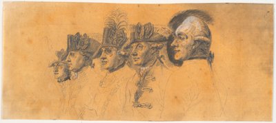 Trabajo preliminar para cinco de las cabezas del grabado: Federico el Grande cabalgando de regreso después de una revista en Potsdam de J.F. Clemens