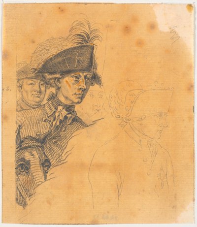 Trabajo preliminar para el grabado: Federico el Grande cabalgando de regreso después de una revista en Potsdam de J.F. Clemens