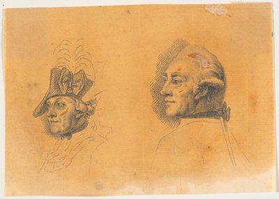 Trabajo preliminar para dos de las cabezas del grabado: Federico el Grande cabalgando de regreso después de una revista en Potsdam de J.F. Clemens