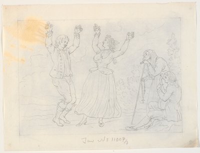 Hombre y mujer bailando fandango. Un joven tocando la guitarra y una anciana observando de J.F. Clemens