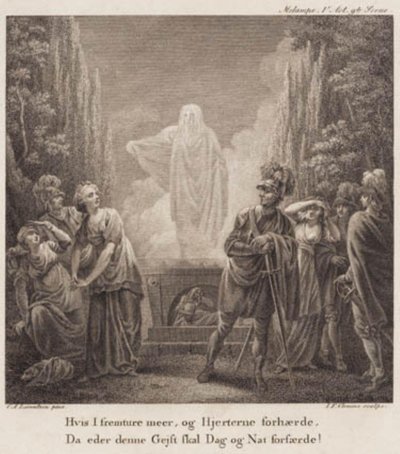 Melampe. Si persistís más, y endurecéis vuestros corazones, este espíritu os aterrará día y noche. Grabado después de la galería de Holberg de Llorentzen. de J.F. Clemens