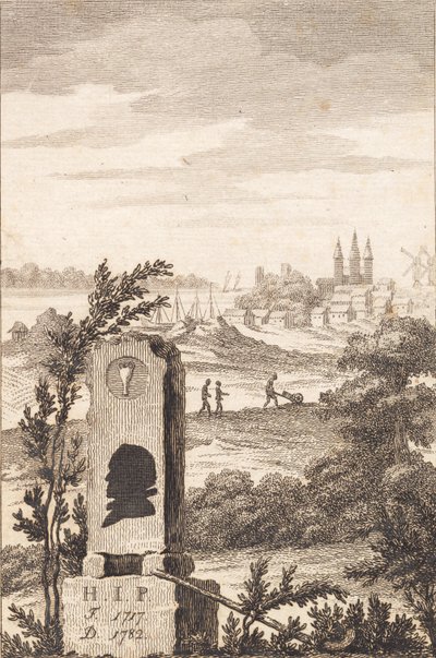 Monumento conmemorativo para Hans Jakob Paludan. Portada de "Descripción de la ciudad de Kalundborg" de J.F. Clemens